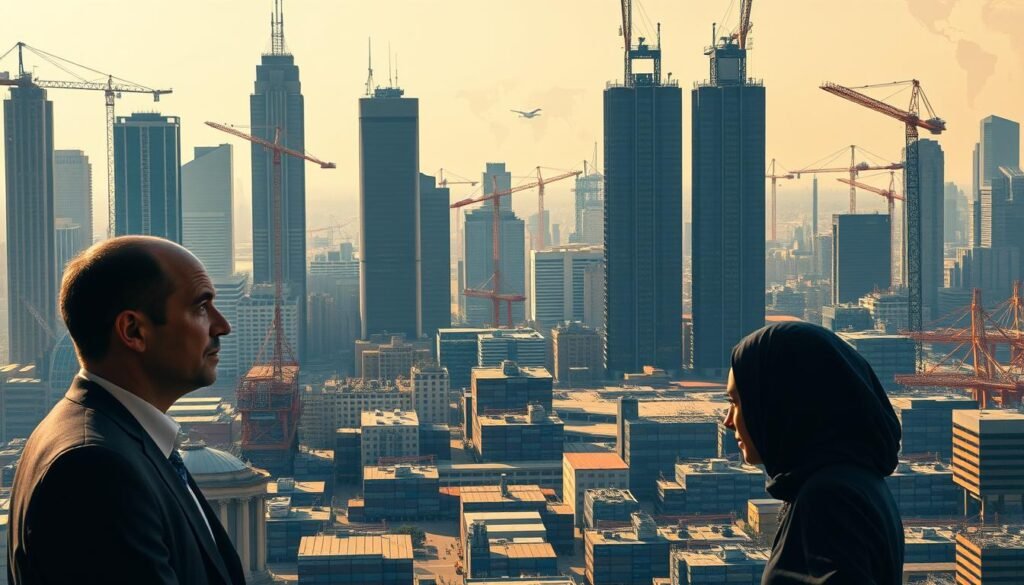 A bustling urban landscape, with towering skyscrapers and cranes dotting the skyline. In the foreground, two businesspeople stand facing each other, their expressions serious as they engage in an intense negotiation. The scene is bathed in a warm, golden light, creating a sense of tension and high-stakes decision-making. The middle ground features a mix of office buildings, warehouses, and transportation hubs, symbolizing the complex web of international trade and investment. In the background, a stylized map of the world serves as a backdrop, underscoring the global nature of the negotiation process. The overall mood is one of a critical juncture, where the outcomes of these talks could have far-reaching implications for the parties involved and the broader economic landscape.