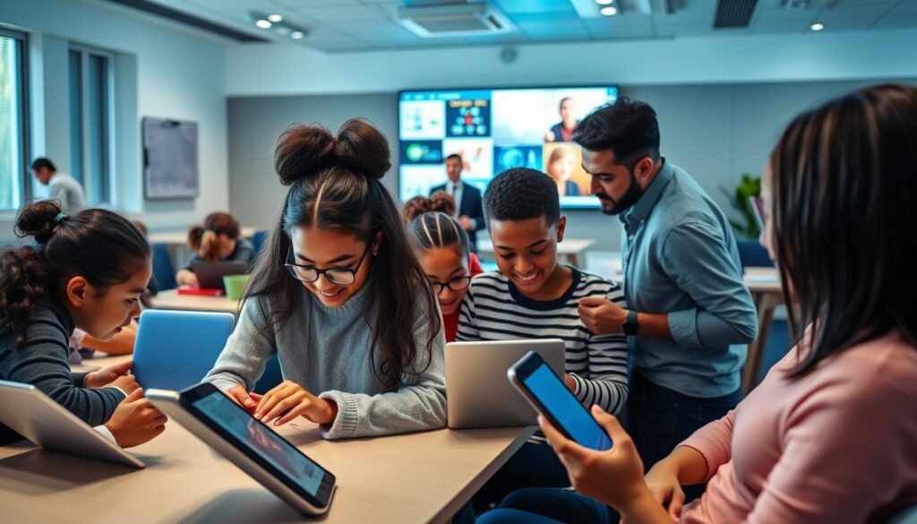 A digital classroom setting with students and teachers engaged in interactive learning experiences. In the foreground, a group of diverse students collaboratively working on tablets and laptops, their faces animated with curiosity and excitement. In the middle ground, a teacher guiding the class, using a large interactive display to present digital educational content. The background showcases a modern, well-equipped classroom with sleek furniture, ample natural lighting, and subtle technological accents, creating an atmosphere of technological innovation and forward-thinking education. The scene conveys a sense of seamless integration between digital tools and traditional teaching methods, highlighting the potential of educational technology to enhance learning and prepare students for the digital future.