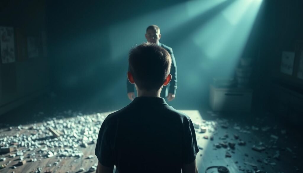 A dimly lit room, the air heavy with tension. In the foreground, a student stands before a stern-faced administrator, their body language conveying the consequences of rule-breaking. Shards of broken items litter the floor, a testament to the aftermath of defiance. The middle ground is shrouded in shadow, hinting at the potential for disciplinary action. The background fades into a blurred, ominous atmosphere, reflecting the uncertainty and unease that permeates the scene. Soft, directional lighting casts dramatic shadows, highlighting the gravity of the situation. This image evokes the palpable impact of violating the rules, a cautionary tale of the repercussions that await those who dare to defy the established order.