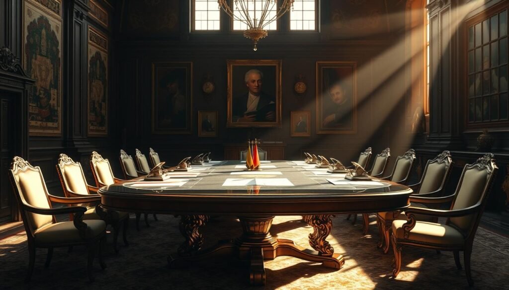 A grand negotiation table with ornate wooden legs and a smooth glass top, surrounded by elegant chairs in a dimly lit, high-ceilinged room. Sunlight streams through tall windows, casting warm, dramatic shadows. On the table, documents, maps, and negotiation tools are neatly arranged, conveying a sense of strategic economic diplomacy. The walls are adorned with tapestries and artwork, hinting at the cultural and historical context. The atmosphere is one of thoughtful deliberation, where influential figures come together to shape the future through economic policy and negotiation.