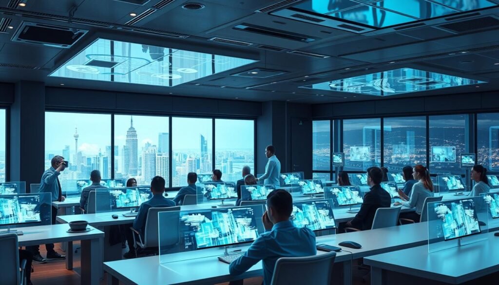 A high-tech classroom filled with holographic displays, students engrossed in virtual learning experiences, and professors guiding them through interactive simulations. The room is bathed in a soft, diffused lighting that enhances the futuristic atmosphere. Sleek, minimalist furniture and advanced technology blend seamlessly, creating an immersive educational environment. In the background, a panoramic window showcases a bustling city skyline, symbolizing the integration of virtual technologies within the modern higher education landscape. The scene conveys a sense of innovation, collaboration, and the transformative impact of virtual technologies on the future of tertiary education.