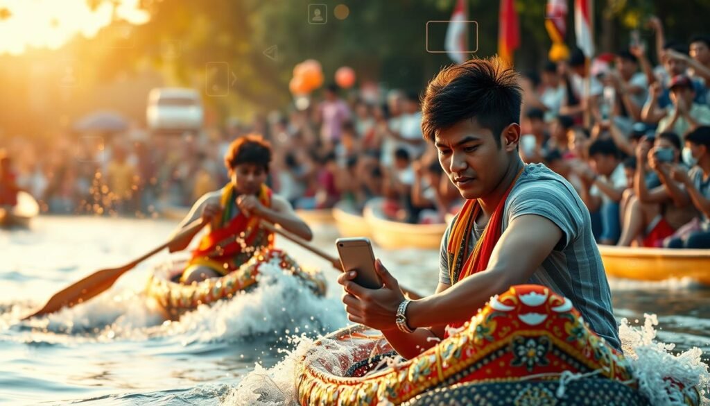 A lively digital interaction between two individuals participating in the traditional Pacu Jalur boat race, set against a backdrop of a vibrant, socially connected world. The foreground showcases the intense focus and competitive spirit of the racers, as they navigate their colorful, intricately-decorated boats through the waterway. The middle ground depicts the energetic crowd, their smartphones raised to capture and share the electrifying moment on social media. In the background, a tapestry of digital elements - scrolling feeds, trending hashtags, and reactive emojis - creates a sense of global connectivity, amplifying the viral potential of this cultural phenomenon. Warm, golden lighting casts a celebratory glow, while a slightly elevated camera angle offers a dynamic, cinematic perspective.