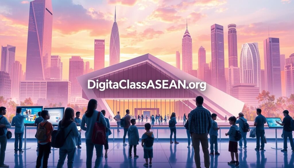 A modern digital learning platform set against a vibrant, futuristic cityscape. In the foreground, a group of diverse students interact with interactive displays, immersed in a dynamic, collaborative learning environment. The middle ground features a sleek, minimalist building with clean lines and large windows, representing the DigitalClassASEAN.org platform. The background showcases a skyline of towering skyscrapers, conveying a sense of progress and innovation. The scene is bathed in a warm, inviting lighting, creating a welcoming and engaging atmosphere for digital literacy education.