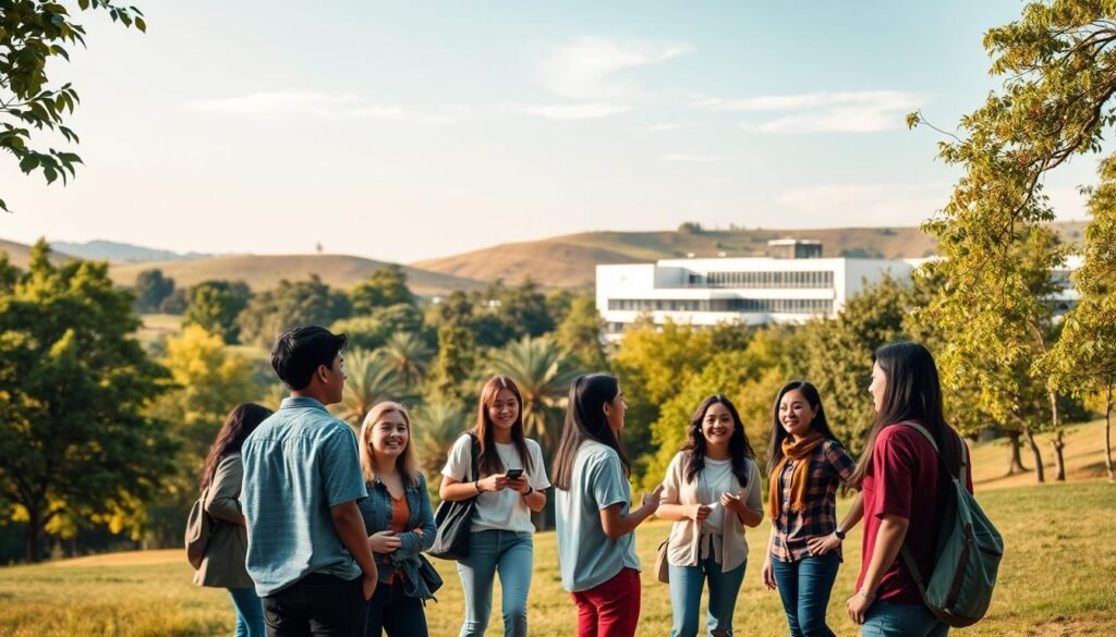 A serene academic campus nestled in a lush, verdant landscape. In the foreground, a group of students in casual attire engaged in lively discussions, their animated gestures and expressions reflecting the vibrant intellectual discourse. The middle ground features modern, minimalist architecture with clean lines and large windows, hinting at the state-of-the-art facilities within. In the background, a backdrop of rolling hills and a clear, azure sky, conveying a sense of tranquility and inspiration. Soft, diffused lighting bathes the scene, creating a warm, inviting atmosphere. The overall composition evokes a harmonious balance between nature, academia, and the pursuit of scientific knowledge.