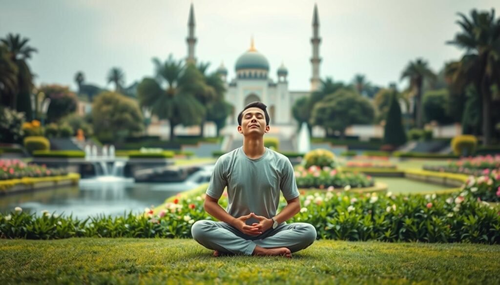 A serene and tranquil scene depicting the concept of mental health in the context of Islamic self-control. In the foreground, a person sits cross-legged, eyes closed, hands in a meditative mudra, exuding a sense of inner peace and emotional balance. The middle ground features a lush, verdant garden with flowing water and blooming flowers, symbolizing the harmony and rejuvenation of the mind and spirit. In the background, a majestic mosque or Islamic architectural structure stands tall, conveying the spiritual and philosophical underpinnings of self-control and mental well-being in the Islamic faith. The lighting is soft and diffused, creating a calming, contemplative atmosphere. The overall composition evokes a sense of balance, introspection, and the integration of the physical, mental, and spiritual realms.