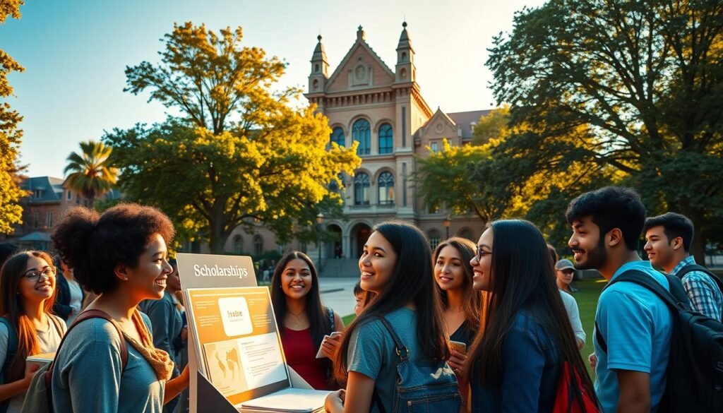 A serene campus setting, bathed in warm, golden sunlight. In the foreground, a diverse group of students, their faces alight with joy and gratitude, gathered around an information booth showcasing scholarship opportunities. In the middle ground, a majestic university building stands tall, its neo-gothic architecture a testament to the institution's legacy. The background features lush, verdant trees and a clear, azure sky, creating a sense of tranquility and possibility. The overall scene conveys the transformative power of educational access, where financial barriers are overcome, and students can pursue their dreams with renewed hope and determination.