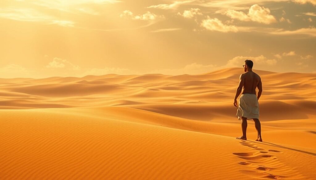 A serene desert landscape, with a lone figure standing firm against the temptation of lush oasis. Warm, golden lighting filters through wispy clouds, casting a sense of inner resolve. The figure's stance is grounded, their gaze unwavering, as they resist the allure of immediate gratification. In the background, a vast expanse of undulating dunes stretches out, symbolizing the expansive journey of self-control. The scene conveys a sense of spiritual discipline and the triumph of delayed gratification over impulsive desires.