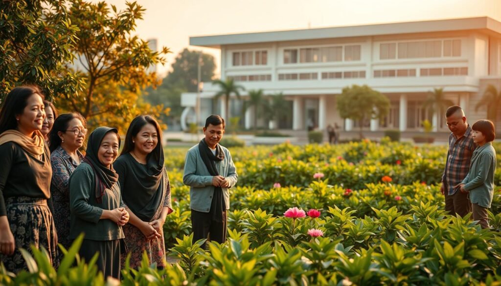 A serene landscape depicting the essence of social welfare in Indonesia. In the foreground, a diverse group of people - young and old, able-bodied and differently-abled - gathered together, their expressions reflecting contentment and a sense of community. In the middle ground, a lush garden with thriving flora, symbolizing the nurturing and sustainable nature of social programs. The background features a modern, well-designed public building, its architecture blending seamlessly with the natural surroundings, representing the government's commitment to social welfare. Warm, diffused lighting casts a soft, inviting glow, conveying a atmosphere of inclusivity and care. The overall scene evokes a harmonious, equitable society where the well-being of all citizens is prioritized.