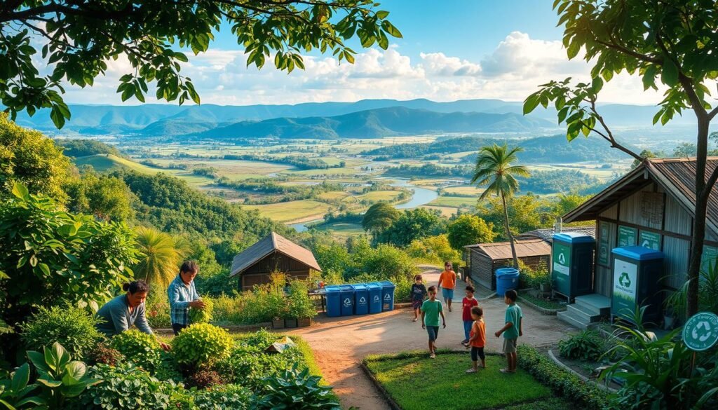 A serene village nestled amidst lush, verdant foliage, with a community of people engaged in sustainable practices. In the foreground, a family tends to a thriving garden, showcasing the bountiful produce of their land. The middle ground features a group of children playing and learning about environmental conservation, surrounded by recycling bins and educational signage. In the background, a breathtaking landscape unfolds, with rolling hills, a winding river, and a clear, azure sky above, symbolizing the harmony between the community and the natural world. Soft, warm lighting illuminates the scene, creating a sense of tranquility and hope, capturing the positive impact of the "Sobat Bumi Pertamina" environmental program on the local community.