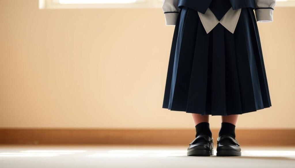A simple school uniform consisting of a plain white collared shirt, navy blue pleated skirt or trousers, and black leather shoes. The outfit is neat and modest, with clean lines and a classic silhouette. Warm, indirect lighting from a window casts a soft glow, highlighting the crisp, well-pressed fabric. The scene exudes an air of orderliness and discipline, conveying the formal, academic atmosphere of a school setting. The uniform is displayed against a blurred, neutral background, allowing the focus to remain on the straightforward, practical design.