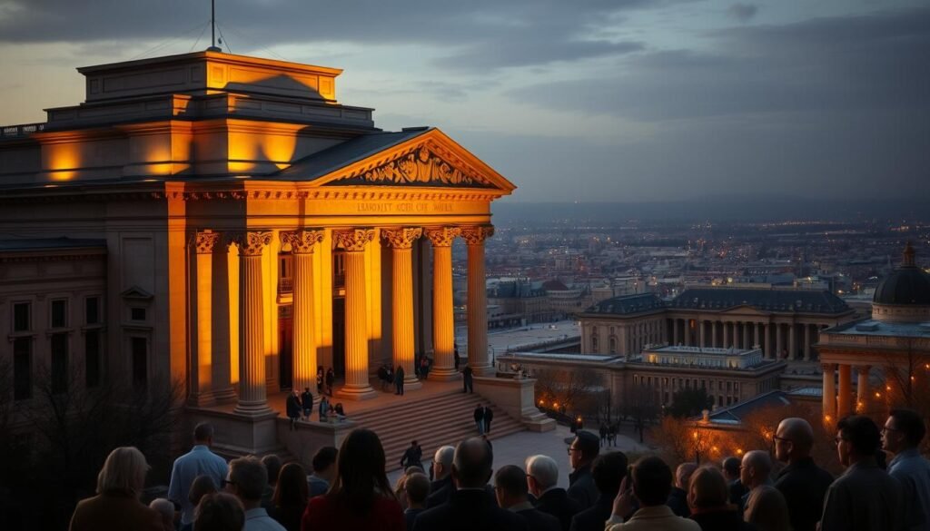 A stately, majestic building stands tall, its ornate facade and grand columns conveying a sense of authority and stability. The structure is illuminated by warm, golden light, casting deep shadows that create a sense of solemnity and reverence. In the foreground, a group of people, representing the diverse citizenry, gathers solemnly, their expressions reflecting a deep respect for the principles of the rule of law. The background is a panoramic view of a bustling city, symbolizing the interconnectedness of the legal system and the broader society it serves. The overall atmosphere is one of dignity, trust, and a steadfast commitment to the ideals of a just, equitable, and democratic society.