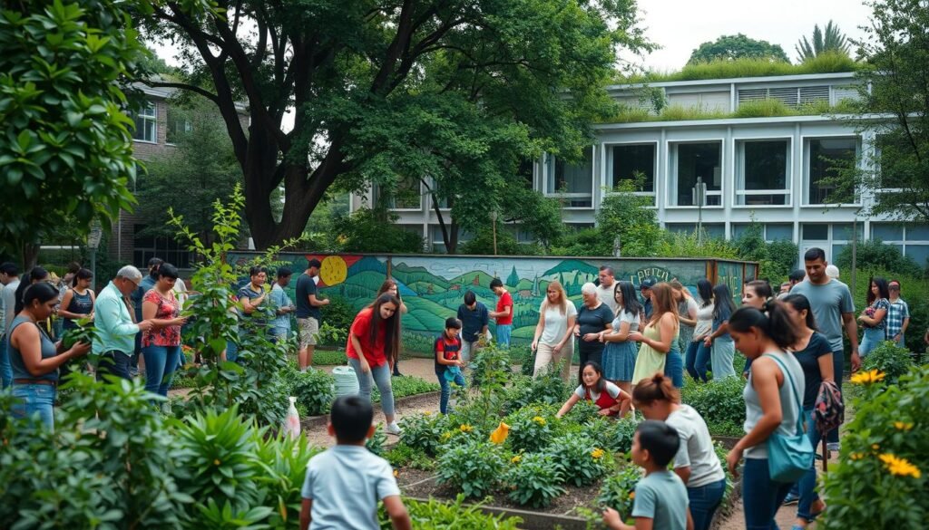 A vibrant community gathering in a lush, verdant environment. In the foreground, people of all ages enthusiastically engage in various eco-friendly activities - planting trees, cleaning up litter, and tending to a thriving community garden. The middle ground features a colorful mural depicting environmental conservation and sustainability. In the background, a modern yet harmonious building with large windows and a green roof blend seamlessly with the natural surroundings. Warm, diffused lighting creates a welcoming, inclusive atmosphere, capturing the spirit of environmental stewardship and social responsibility.