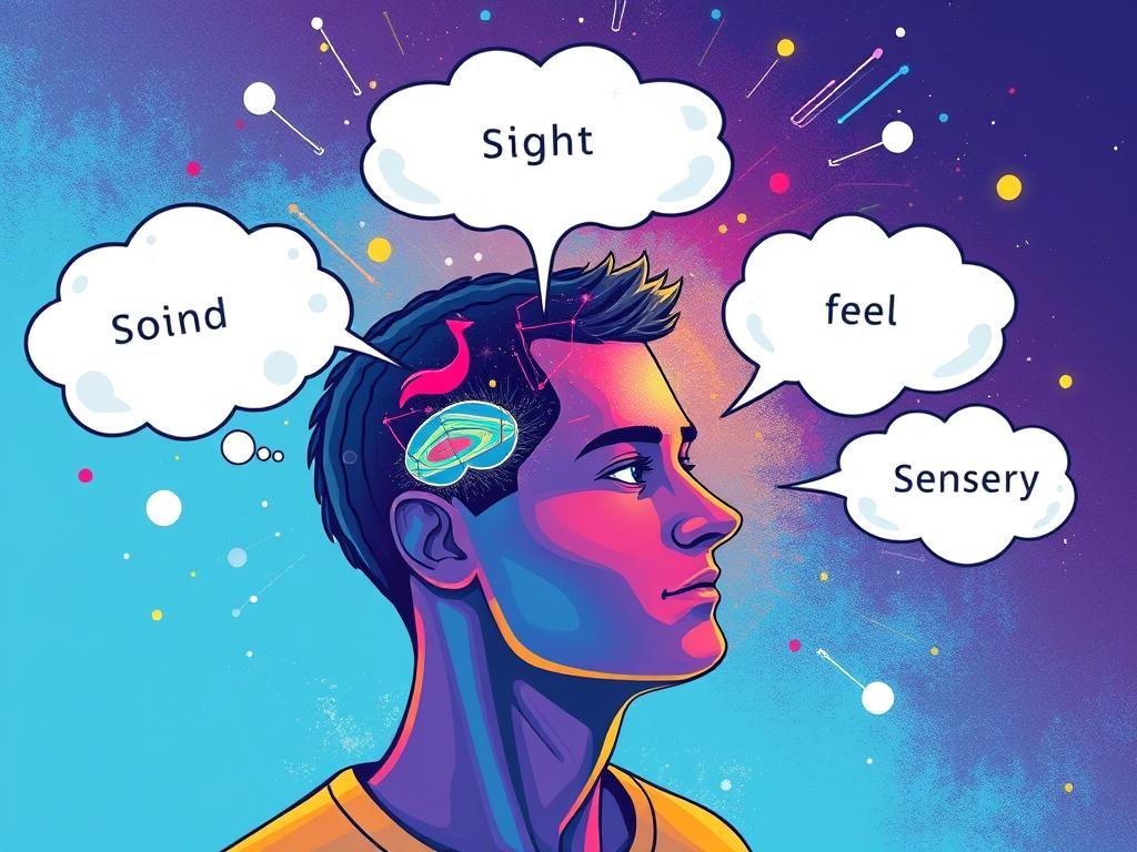 Ilustrasi proses Mental Imagery dan Visualisasi dengan fokus pada detail sensorik Ilustrasi proses Mental Imagery dan Visualisasi dengan fokus pada detail sensorik