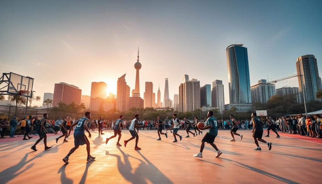 A bustling basketball court in the heart of a vibrant urban landscape. In the foreground, a group of diverse players engaged in a lively game, their movements captured in a dynamic mid-action pose. The court's smooth, well-maintained surface reflects the warm, golden light of the setting sun, casting long shadows across the scene. In the middle ground, spectators gather on the sidelines, their enthusiasm palpable as they cheer on the players. The background features a towering skyline of gleaming high-rises, a testament to the city's modernity and the integration of sports into the urban fabric. The overall atmosphere conveys a sense of community, camaraderie, and the enduring appeal of basketball as a unifying force in the heart of a thriving metropolis.