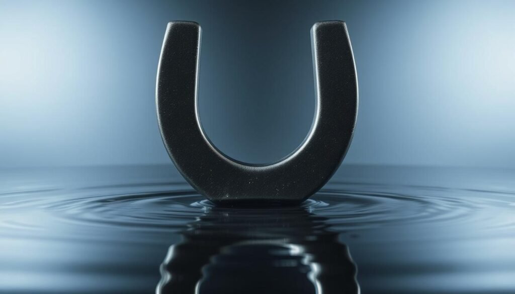 A close-up view of a powerful horseshoe magnet, its metallic surface gleaming under dramatic lighting. The magnet appears to be hovering above a calm, reflective pool of water, creating a visually striking and thought-provoking scene. The water's surface acts as a mirror, reflecting the magnet's form and hinting at the subtle, yet profound, influence it exerts on the liquid. The background is a neutral, minimalist setting, allowing the viewer to focus solely on the interaction between the magnet and the water, symbolizing the scientific principles at the heart of this phenomenon. The overall composition and lighting evoke a sense of wonder and a deeper understanding of the invisible forces that shape our world.