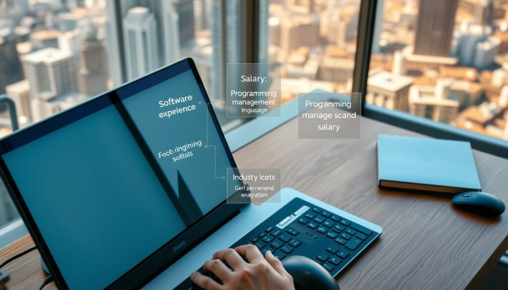 A high-angle shot of a software engineer's desk, featuring a laptop, keyboard, and mouse in the foreground. The middle ground showcases various factors influencing their salary, including years of experience, programming languages, project management skills, and industry demand. The background depicts a cityscape, hinting at the broader economic landscape that shapes software engineering compensation. The scene is bathed in warm, natural lighting, evoking a sense of professionalism and productivity. A high-angle shot of a software engineer's desk, featuring a laptop, keyboard, and mouse in the foreground. The middle ground showcases various factors influencing their salary, including years of experience, programming languages, project management skills, and industry demand. The background depicts a cityscape, hinting at the broader economic landscape that shapes software engineering compensation. The scene is bathed in warm, natural lighting, evoking a sense of professionalism and productivity.