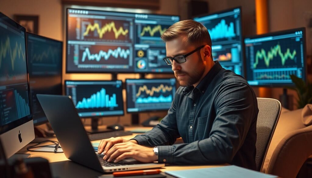 A professional software engineer working diligently at their desk, surrounded by various digital devices and screens displaying analytical data. The engineer is focused, brow furrowed in concentration, typing away on a sleek, modern laptop. Warm, ambient lighting casts a cozy glow, with just a hint of a window view in the background, suggesting a comfortable, well-appointed office space. The overall scene conveys the intellectual challenge and attention to detail inherent in the role of a software engineer, with a sense of productivity and value-driven work. A professional software engineer working diligently at their desk, surrounded by various digital devices and screens displaying analytical data. The engineer is focused, brow furrowed in concentration, typing away on a sleek, modern laptop. Warm, ambient lighting casts a cozy glow, with just a hint of a window view in the background, suggesting a comfortable, well-appointed office space. The overall scene conveys the intellectual challenge and attention to detail inherent in the role of a software engineer, with a sense of productivity and value-driven work.