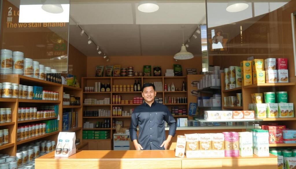 A serene storefront showcasing an assortment of halal products, reflecting the success of a thriving UMKM (Micro, Small, and Medium Enterprise) in Indonesia. The well-lit interior features neatly arranged shelves, displaying a range of high-quality items against a warm, earthy color palette. The owner, a passionate entrepreneur, stands behind the counter, welcoming customers with a friendly smile. Sunlight filters through the large windows, casting a soft glow and highlighting the attention to detail in the store's design. The overall atmosphere conveys a sense of pride, professionalism, and a commitment to ethical, halal-compliant practices, serving as an inspiring case study for other UMKM aspiring to succeed in the Indonesian market.