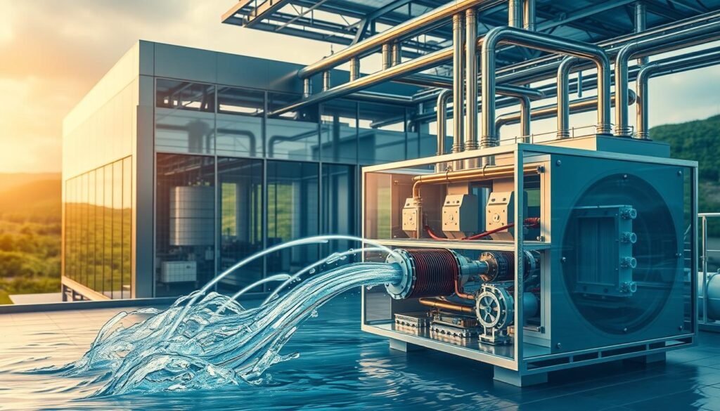 A state-of-the-art water treatment facility, its sleek exterior sheathed in gleaming steel and glass. In the foreground, a series of powerful electromagnets, their magnetic fields pulsing and swirling, manipulating the flow of water through intricate piping systems. The middle ground reveals a cross-section of the facility, exposing the inner workings - filters, membranes, and control panels, all precisely calibrated to harness the power of magnetism for water purification. The background depicts a lush, verdant landscape, symbolizing the harmony between technology and nature. Diffused lighting casts a warm, almost ethereal glow, evoking a sense of efficiency and environmental responsibility. The overall impression is one of a cutting-edge, sustainable solution to water treatment, showcasing the remarkable potential of magnetic technology.
