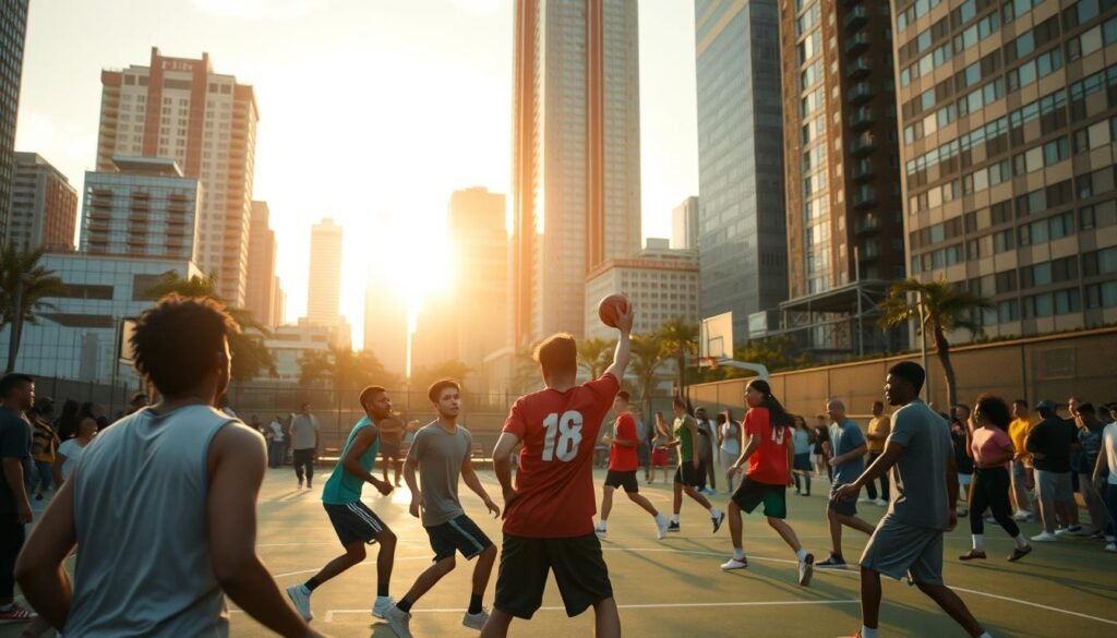An urban basketball community thriving in a bustling metropolis. In the foreground, a group of diverse players engage in a spirited game, their movements fluid and athletic. The middle ground features a vibrant outdoor court, surrounded by towering skyscrapers and a lively cityscape. Warm, golden sunlight filters through, casting a welcoming glow over the scene. Spectators line the sidelines, cheering enthusiastically. The atmosphere is one of camaraderie, passion, and a shared love for the sport that brings this community together. Cinematic framing and a shallow depth of field emphasize the dynamism and energy of this urban basketball oasis.