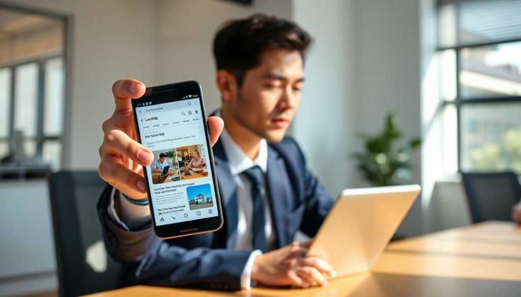 A person in professional business attire, seated at a modern desk, holding their smartphone at an angle that showcases the back-tap gesture. The scene is illuminated by soft natural light from a nearby window, casting gentle shadows. In the foreground, the smartphone's screen displays a vibrant, scrolling webpage indicating a long screenshot in progress. In the middle, the person's focused expression conveys concentration as they demonstrate the back-tap action. The background features a sleek office environment, with minimalistic decor and a hint of greenery. The overall atmosphere is calm and tech-savvy, accentuating the ease of capturing a long screenshot without physical buttons.