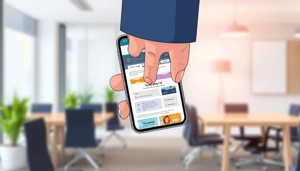 An illustration showing a close-up of a smartphone displaying a web page with a long screenshot functionality activated, emphasizing the "back-tap" gesture. In the foreground, a hand in professional attire is positioned above the phone, demonstrating the back-tap gesture clearly. In the middle ground, the phone's screen showcases the web page interface with a visual cue indicating the screenshot feature, subtly highlighting key areas of the page. The background is softly blurred, featuring a modern office environment with neutral colors and good lighting, creating an inviting and focused atmosphere. Use soft natural light to enhance the details, with a slightly angled perspective to draw attention to the hand and the phone, portraying a sense of ease and functionality.