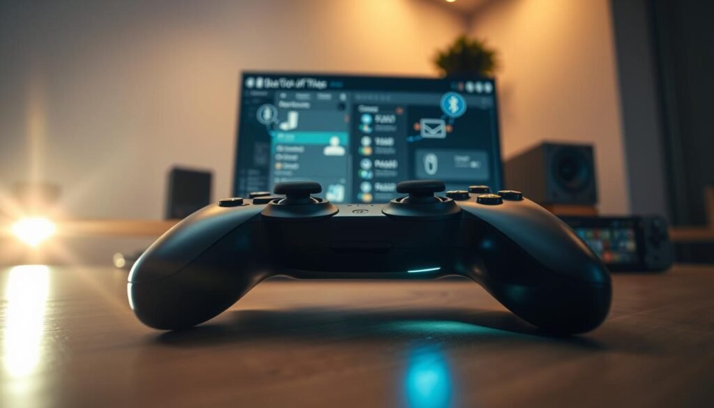 A close-up scene capturing the essence of "connection" in a technological context. In the foreground, a DualSense controller rests on a sleek wooden desk, with a glowing LED light indicating active connectivity. The middle ground features a modern computer setup with a high-resolution monitor displaying software interface settings, while USB and Bluetooth connection symbols float around to illustrate wireless communication. In the background, soft, ambient lighting casts a warm glow, enhancing the sense of productivity and innovation. A slight lens flare adds a dynamic touch, emphasizing the focus on the controller. The mood is one of excitement and possibility, showcasing how modern technology seamlessly connects devices for an enhanced gaming experience. A close-up scene capturing the essence of "connection" in a technological context. In the foreground, a DualSense controller rests on a sleek wooden desk, with a glowing LED light indicating active connectivity. The middle ground features a modern computer setup with a high-resolution monitor displaying software interface settings, while USB and Bluetooth connection symbols float around to illustrate wireless communication. In the background, soft, ambient lighting casts a warm glow, enhancing the sense of productivity and innovation. A slight lens flare adds a dynamic touch, emphasizing the focus on the controller. The mood is one of excitement and possibility, showcasing how modern technology seamlessly connects devices for an enhanced gaming experience.