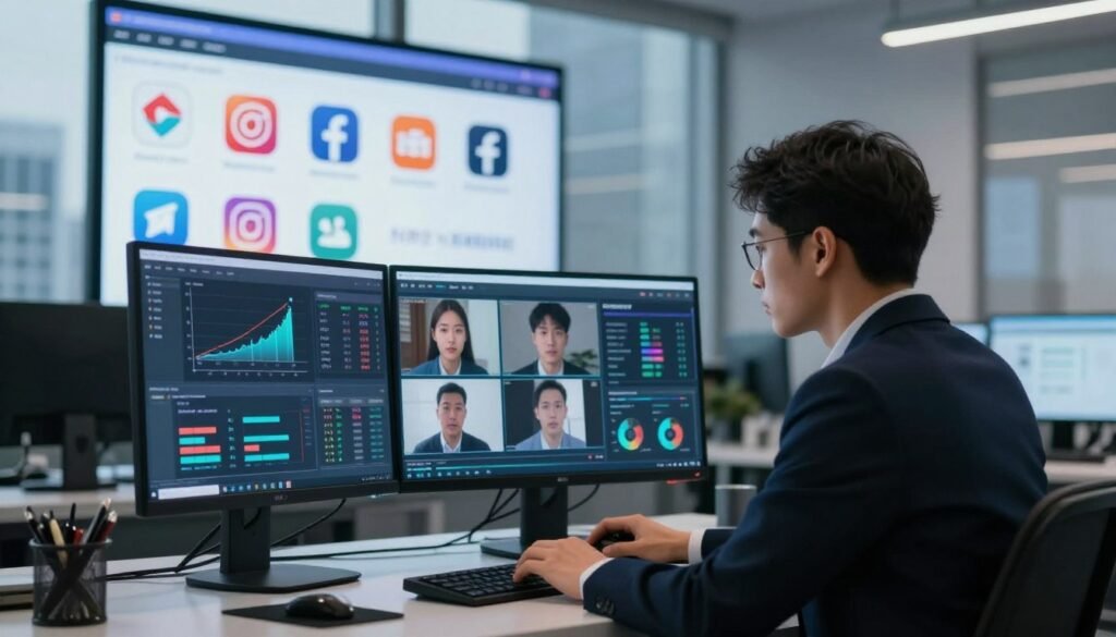 A digital workspace scene illustrating deepfake detection technology, featuring a sleek, modern computer setup in the foreground displaying advanced algorithms and detection metrics on the screen. The user, a focused professional in business attire, is examining a series of deepfake clips, illuminated by soft, ambient lighting that creates a tech-savvy atmosphere. In the middle ground, a large interactive display showcases various popular social media logos, with an overlay of graphs and statistics related to deepfake detection accuracy. In the background, a blurred out city skyline through a large window enhances the sense of innovation. The overall mood is one of urgency and importance in navigating the challenges of digital authenticity. A digital workspace scene illustrating deepfake detection technology, featuring a sleek, modern computer setup in the foreground displaying advanced algorithms and detection metrics on the screen. The user, a focused professional in business attire, is examining a series of deepfake clips, illuminated by soft, ambient lighting that creates a tech-savvy atmosphere. In the middle ground, a large interactive display showcases various popular social media logos, with an overlay of graphs and statistics related to deepfake detection accuracy. In the background, a blurred out city skyline through a large window enhances the sense of innovation. The overall mood is one of urgency and importance in navigating the challenges of digital authenticity.