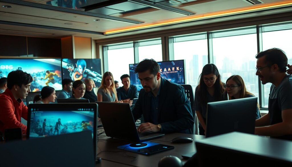 A dynamic and immersive scene depicting the development of the game Perfect Dark. In the foreground, a diverse team of professional game developers—men and women of various ethnicities—are gathered around high-tech laptops and large monitors, engaged in discussion. In the middle ground, digital concept art and game assets are prominently displayed on screens, showcasing characters and environments inspired by the game. The background features a stylish, modern office setting with futuristic design elements, soft, diffused lighting creating a focused yet collaborative atmosphere. A large window reveals a vibrant city skyline, suggesting innovation and creativity. The angle captures the collaborative spirit of game development, emphasizing teamwork and technological advancement. A dynamic and immersive scene depicting the development of the game Perfect Dark. In the foreground, a diverse team of professional game developers—men and women of various ethnicities—are gathered around high-tech laptops and large monitors, engaged in discussion. In the middle ground, digital concept art and game assets are prominently displayed on screens, showcasing characters and environments inspired by the game. The background features a stylish, modern office setting with futuristic design elements, soft, diffused lighting creating a focused yet collaborative atmosphere. A large window reveals a vibrant city skyline, suggesting innovation and creativity. The angle captures the collaborative spirit of game development, emphasizing teamwork and technological advancement.