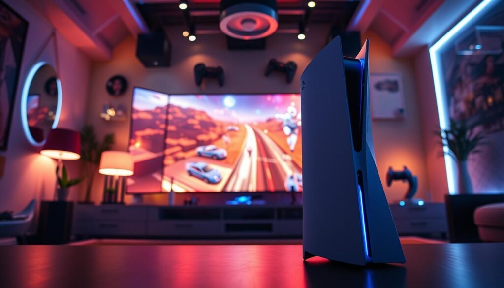 A dynamic scene illustrating a next-generation gaming experience with the PS5 Pro, focusing on the impact of RDNA 3 technology. In the foreground, a sleek, futuristic gaming console stands prominently, featuring a illuminated design that hints at advanced capabilities. The middle ground showcases an immersive gaming setup with a high-resolution display, vibrant colors, and stunning graphics that depict an action-packed scene from a popular game. The background features a modern gaming room ambiance, filled with ambient lighting and futuristic décor. Use dramatic lighting that casts soft shadows and highlights details, creating an energetic yet cozy mood. The camera angle should be slightly elevated, capturing the entire setup with depth and clarity, while maintaining a sense of excitement in the gaming atmosphere. A dynamic scene illustrating a next-generation gaming experience with the PS5 Pro, focusing on the impact of RDNA 3 technology. In the foreground, a sleek, futuristic gaming console stands prominently, featuring a illuminated design that hints at advanced capabilities. The middle ground showcases an immersive gaming setup with a high-resolution display, vibrant colors, and stunning graphics that depict an action-packed scene from a popular game. The background features a modern gaming room ambiance, filled with ambient lighting and futuristic décor. Use dramatic lighting that casts soft shadows and highlights details, creating an energetic yet cozy mood. The camera angle should be slightly elevated, capturing the entire setup with depth and clarity, while maintaining a sense of excitement in the gaming atmosphere.