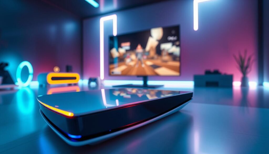 A futuristic gaming scene focused on the PlayStation 5 Pro console showcasing advanced ray tracing technology. In the foreground, the sleek PS5 Pro with a glowing light strip, reflecting vibrant colors across its surface. The middle ground features a high-resolution game being played, demonstrating stunning reflections and realistic lighting effects, highlighting the capabilities of RDNA 3. The background depicts a modern gaming space with subtle ambient lighting, evoking a high-tech atmosphere. Soft glow from RGB lights provides an immersive experience. Use a shallow depth of field to focus on the console and game screen, creating a sense of depth. The mood is dynamic and cutting-edge, perfect for a next-gen gaming audience. A futuristic gaming scene focused on the PlayStation 5 Pro console showcasing advanced ray tracing technology. In the foreground, the sleek PS5 Pro with a glowing light strip, reflecting vibrant colors across its surface. The middle ground features a high-resolution game being played, demonstrating stunning reflections and realistic lighting effects, highlighting the capabilities of RDNA 3. The background depicts a modern gaming space with subtle ambient lighting, evoking a high-tech atmosphere. Soft glow from RGB lights provides an immersive experience. Use a shallow depth of field to focus on the console and game screen, creating a sense of depth. The mood is dynamic and cutting-edge, perfect for a next-gen gaming audience.