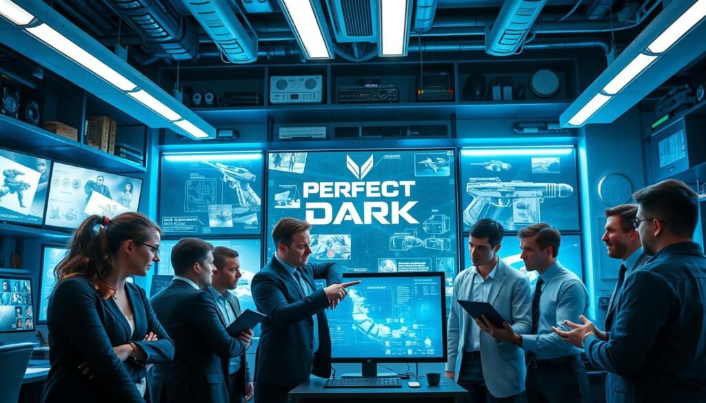A high-tech game development studio interior, showing a team of professional developers in modern business attire, gathered around a large screen displaying the game "Perfect Dark." The foreground features a diverse group, including a woman with focused expression analyzing code, a man pointing at design sketches, and a person with a laptop discussing ideas. The middle ground includes large monitors displaying concept art, character designs, and technical challenges faced during development. The background consists of shelves filled with gaming memorabilia and high-tech equipment, with soft blue and white lighting casting a futuristic atmosphere. The scene conveys tension and creativity, illustrating the challenges and collaboration in game development. Use a slightly wide angle to encompass the busy workspace, enhancing the feeling of teamwork and innovation. A high-tech game development studio interior, showing a team of professional developers in modern business attire, gathered around a large screen displaying the game "Perfect Dark." The foreground features a diverse group, including a woman with focused expression analyzing code, a man pointing at design sketches, and a person with a laptop discussing ideas. The middle ground includes large monitors displaying concept art, character designs, and technical challenges faced during development. The background consists of shelves filled with gaming memorabilia and high-tech equipment, with soft blue and white lighting casting a futuristic atmosphere. The scene conveys tension and creativity, illustrating the challenges and collaboration in game development. Use a slightly wide angle to encompass the busy workspace, enhancing the feeling of teamwork and innovation.