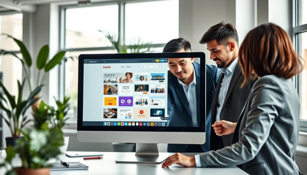 A sleek, modern workspace featuring a computer screen displaying a user-friendly website builder interface without coding. In the foreground, a diverse group of three professionals—a woman in smart casual attire, a man in a blazer, and another person in a business outfit—collaborate around the desk, pointing at the screen. The middle ground should include vibrant icons and templates appearing on the monitor, emphasizing ease of use. In the background, tall windows let in natural light, creating an inviting atmosphere with plants and minimalistic decor. The camera angle captures the interaction from a slight side perspective, highlighting engagement and teamwork. The overall mood is energetic, creative, and inspiring, reflecting the theme of building websites effortlessly. A sleek, modern workspace featuring a computer screen displaying a user-friendly website builder interface without coding. In the foreground, a diverse group of three professionals—a woman in smart casual attire, a man in a blazer, and another person in a business outfit—collaborate around the desk, pointing at the screen. The middle ground should include vibrant icons and templates appearing on the monitor, emphasizing ease of use. In the background, tall windows let in natural light, creating an inviting atmosphere with plants and minimalistic decor. The camera angle captures the interaction from a slight side perspective, highlighting engagement and teamwork. The overall mood is energetic, creative, and inspiring, reflecting the theme of building websites effortlessly.