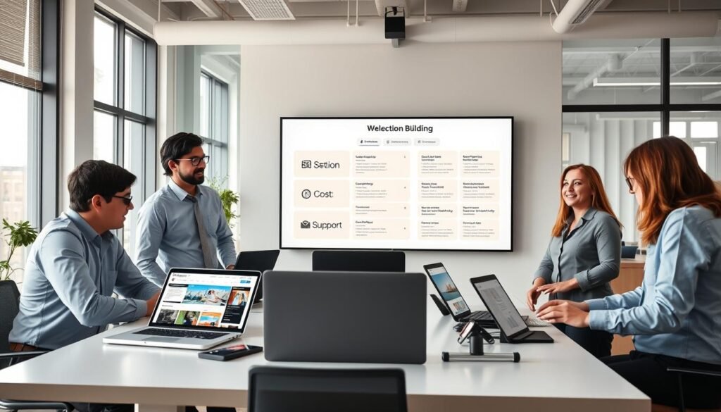 A visually engaging workspace showcasing the important factors in choosing a website building platform. In the foreground, a diverse group of three professionals (two men and one woman) in business casual attire are gathered around a sleek table covered with digital devices, like laptops and tablets, displaying various website designs. In the middle, a large screen on the wall shows a well-structured infographic highlighting key selection criteria such as user-friendliness, customization options, cost, and support. The background features a modern office environment with large windows allowing soft daylight to fill the room, creating a bright and inviting atmosphere. The overall mood is collaborative and focused, emphasizing the importance of informed decision-making. Use a wide-angle lens to capture the entire scene vividly. A visually engaging workspace showcasing the important factors in choosing a website building platform. In the foreground, a diverse group of three professionals (two men and one woman) in business casual attire are gathered around a sleek table covered with digital devices, like laptops and tablets, displaying various website designs. In the middle, a large screen on the wall shows a well-structured infographic highlighting key selection criteria such as user-friendliness, customization options, cost, and support. The background features a modern office environment with large windows allowing soft daylight to fill the room, creating a bright and inviting atmosphere. The overall mood is collaborative and focused, emphasizing the importance of informed decision-making. Use a wide-angle lens to capture the entire scene vividly.