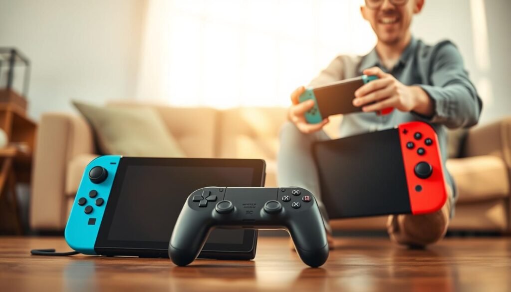 A vivid scene featuring a Nintendo Switch console in the foreground, set against a softly blurred living room background. The Switch is prominently displayed with its vibrant Joy-Con controllers attached, showcasing its sleek design. Soft, warm lighting casts gentle shadows, creating a cozy atmosphere. In the middle ground, a DualSense controller is positioned adjacent to the Switch, illustrating the concept of using motion controls. A user, dressed in casual attire, holds the DualSense controller, demonstrating its functionality while engaged in gameplay on the Nintendo Switch. The composition is captured at eye level, with a focus on the interaction between the controllers and the user, inviting a sense of playfulness and exploration. A vivid scene featuring a Nintendo Switch console in the foreground, set against a softly blurred living room background. The Switch is prominently displayed with its vibrant Joy-Con controllers attached, showcasing its sleek design. Soft, warm lighting casts gentle shadows, creating a cozy atmosphere. In the middle ground, a DualSense controller is positioned adjacent to the Switch, illustrating the concept of using motion controls. A user, dressed in casual attire, holds the DualSense controller, demonstrating its functionality while engaged in gameplay on the Nintendo Switch. The composition is captured at eye level, with a focus on the interaction between the controllers and the user, inviting a sense of playfulness and exploration.