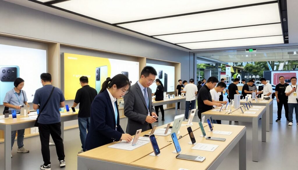A bustling Xiaomi store expansion in an urban setting, showcasing a sleek, modern design filled with the latest technology products. In the foreground, attentive store staff in professional business attire assist customers evaluating smartphones and gadgets. The middle ground features a variety of Xiaomi devices prominently displayed on elegant shelves, with vibrant product lighting highlighting their features. The background reveals a lively shopping environment with a diverse crowd of enthusiastic customers browsing and interacting. The scene is captured from a low angle to emphasize the store's impressive architecture and inviting atmosphere, under bright, natural lighting that conveys a sense of innovation and accessibility. The overall mood is energetic and forward-looking, symbolizing Xiaomi's strategic market stability. A bustling Xiaomi store expansion in an urban setting, showcasing a sleek, modern design filled with the latest technology products. In the foreground, attentive store staff in professional business attire assist customers evaluating smartphones and gadgets. The middle ground features a variety of Xiaomi devices prominently displayed on elegant shelves, with vibrant product lighting highlighting their features. The background reveals a lively shopping environment with a diverse crowd of enthusiastic customers browsing and interacting. The scene is captured from a low angle to emphasize the store's impressive architecture and inviting atmosphere, under bright, natural lighting that conveys a sense of innovation and accessibility. The overall mood is energetic and forward-looking, symbolizing Xiaomi's strategic market stability.