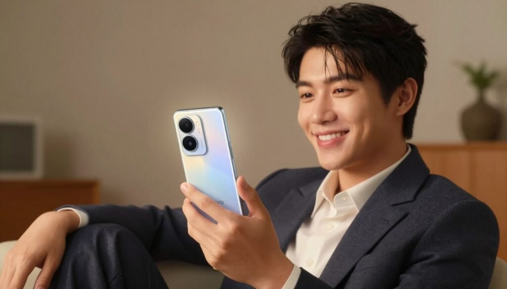 A close-up portrait of a young adult with an engaging smile, demonstrating the "Aura Light Portrait" feature of the Vivo V27 smartphone. The subject is dressed in smart casual attire, with professional business elements, sitting in a relaxed pose against a softly lit background that accentuates the smartphone's glow. The lighting should be warm and inviting, highlighting the subject’s features and creating a dreamy aura effect. Utilize a shallow depth of field to make the subject pop against a softly blurred background, subtly revealing hints of a cozy indoor setting. Capture the image from a slightly elevated angle, emphasizing the sleek design of the Vivo V27 in the subject's hand. The atmosphere should convey modern elegance and a sense of confidence, perfect for social media content. A close-up portrait of a young adult with an engaging smile, demonstrating the "Aura Light Portrait" feature of the Vivo V27 smartphone. The subject is dressed in smart casual attire, with professional business elements, sitting in a relaxed pose against a softly lit background that accentuates the smartphone's glow. The lighting should be warm and inviting, highlighting the subject’s features and creating a dreamy aura effect. Utilize a shallow depth of field to make the subject pop against a softly blurred background, subtly revealing hints of a cozy indoor setting. Capture the image from a slightly elevated angle, emphasizing the sleek design of the Vivo V27 in the subject's hand. The atmosphere should convey modern elegance and a sense of confidence, perfect for social media content.