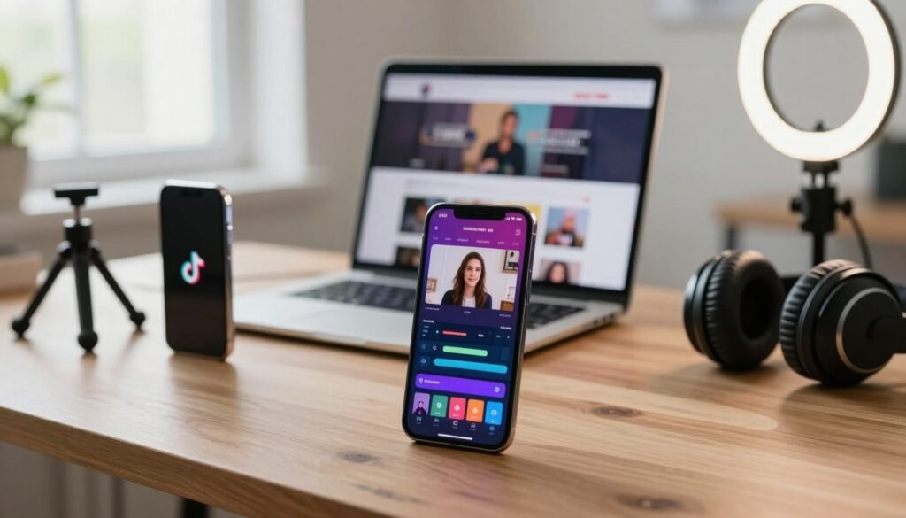A modern workspace featuring a selection of stylish smartphones on a wooden desk, ideal for creative content creation. In the foreground, focus on a vibrant smartphone with a vivid display showing a video editing app, surrounded by accessories like a tripod, ring light, and headphones. In the middle, include an open laptop displaying a social media platform, emphasizing the connection between the devices. The background features soft, diffused natural light from a nearby window, creating an inviting atmosphere. The scene should evoke a sense of innovation and creativity, perfect for capturing engaging content for TikTok and Reels. Use a shallow depth of field to keep the focus on the smartphones while gently blurring the background elements. A modern workspace featuring a selection of stylish smartphones on a wooden desk, ideal for creative content creation. In the foreground, focus on a vibrant smartphone with a vivid display showing a video editing app, surrounded by accessories like a tripod, ring light, and headphones. In the middle, include an open laptop displaying a social media platform, emphasizing the connection between the devices. The background features soft, diffused natural light from a nearby window, creating an inviting atmosphere. The scene should evoke a sense of innovation and creativity, perfect for capturing engaging content for TikTok and Reels. Use a shallow depth of field to keep the focus on the smartphones while gently blurring the background elements.