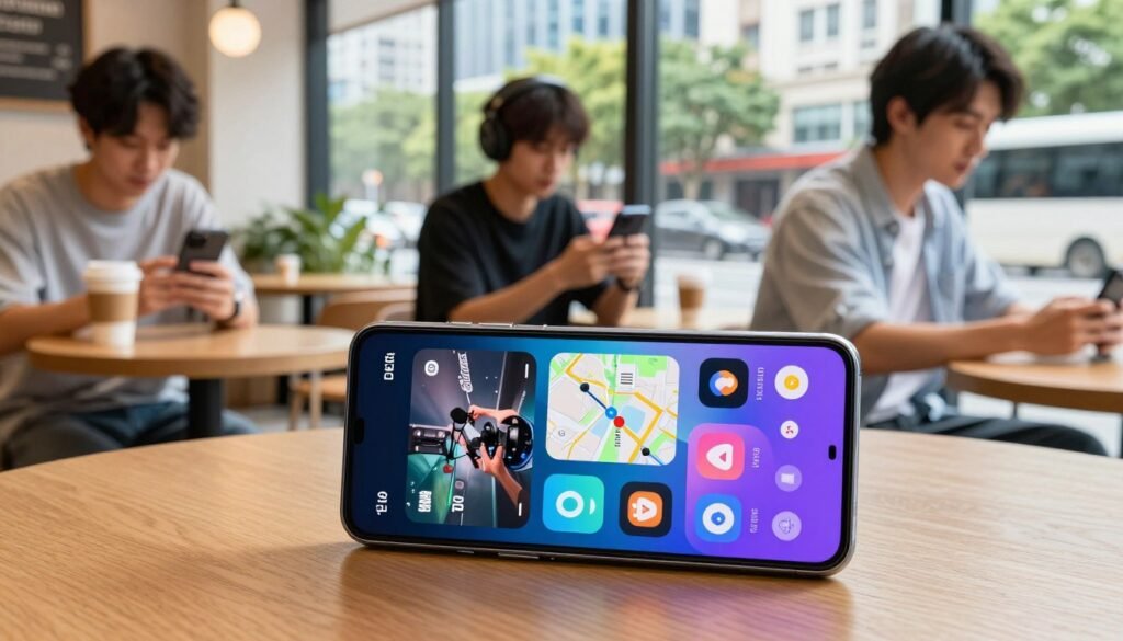 A vibrant and dynamic scene showcasing the battery performance of the Galaxy F55 in various usage scenarios. In the foreground, a sleek Galaxy F55 smartphone, with a partially illuminated screen displaying multiple apps like gaming, streaming, navigation, and social media. The middle ground features diverse everyday situations: a person using the phone in a coffee shop, a gamer intensely focused while playing, and another individual navigating a busy street. Bright, natural lighting conveys a lively and productive atmosphere. The background hints at a bustling cityscape, blending modern architecture with trees, encapsulating the essence of urban life. Capture this with a wide-angle lens to emphasize the variety of usage, maintaining a professional, polished look. A vibrant and dynamic scene showcasing the battery performance of the Galaxy F55 in various usage scenarios. In the foreground, a sleek Galaxy F55 smartphone, with a partially illuminated screen displaying multiple apps like gaming, streaming, navigation, and social media. The middle ground features diverse everyday situations: a person using the phone in a coffee shop, a gamer intensely focused while playing, and another individual navigating a busy street. Bright, natural lighting conveys a lively and productive atmosphere. The background hints at a bustling cityscape, blending modern architecture with trees, encapsulating the essence of urban life. Capture this with a wide-angle lens to emphasize the variety of usage, maintaining a professional, polished look.